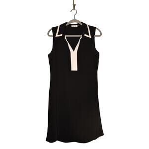 VICKY TIEL $390 Black Collared Sleeveless Shift Dress White Trim Size 8